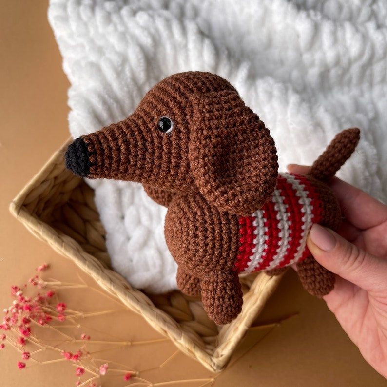 Dachshund plush crochet, Cute little dog, Brown, red dachshund, Home crochet animal, Dog lover toy, Puppy plusnie, Dog baby shower decor image 4