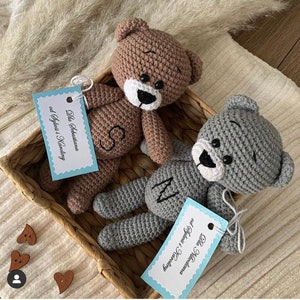 Personalized crochet Teddy Bear, Brown gray bear miniature, Stuffed crochet animals, Teddy Bear baby shower, Newborn props gift image 1