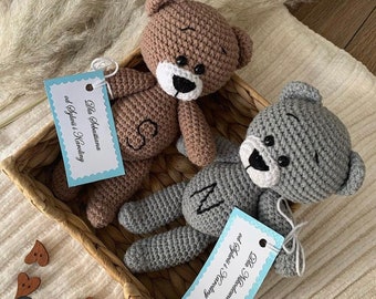 Personalisierter häkeln Teddybär, braun grauer Bär Miniatur, gefüllte gehäkelte Tiere, Teddy Bär Babyparty, Neugeborenen Requisiten Geschenk