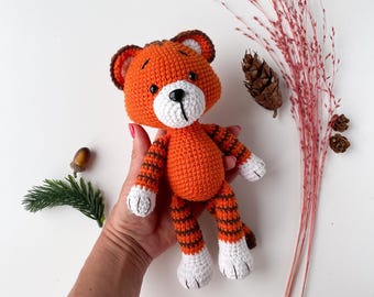 Crochet tiger plush doll, Orange safari amigurumi animal, Baby shower, 1st birthday gift for boy girl, nursery cotton decor
