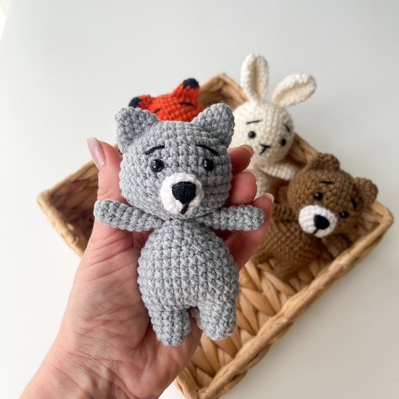 Bear, Bunny, Fox, Wolf woodland animals, Baby nursery decor, Woodland baby shower favors, Small crochet animals Wolf