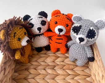 Lion, Tiger, Panda, Raccon safari animals, small crochet animals, Safari baby shower fawors, 1st birthday gifr idea