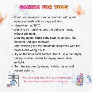 text and illustrations related to caring for toys, including instructions on how to clean and maintain toys.