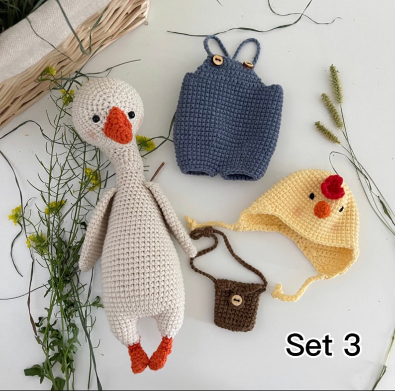 Cute Goose plush, Crochet Goose in a frog chick cap hat, Goose in overalls, Farmhouse decor, First birthday boy gift, Set 3