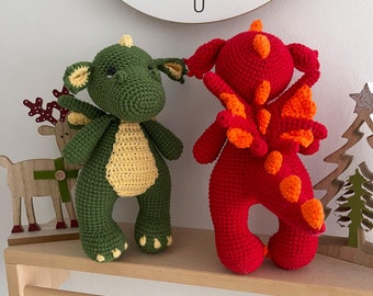 Crochet dragon plush toy, Red Green Dragon plushie, Handmade amigurumi crochet animals, Personalized gift for boy girl, Dragon baby shower