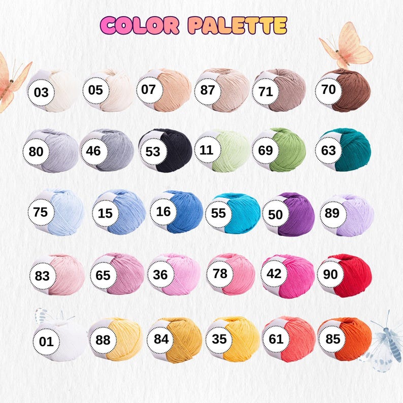 a color palette of yarns, with each color represented by a ball of yarn. The palette includes various shades of yarn, such as white, beige, light brown, light gray, dark brown, and dark brown. The colors are organized in a grid format, with each row representing a different color and each column representing a different type of yarn.