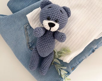 Crochet teddy bear, Denim bear toy, Personalized plush teddy, Baby shower teddy bear, New dad gift, Photo props