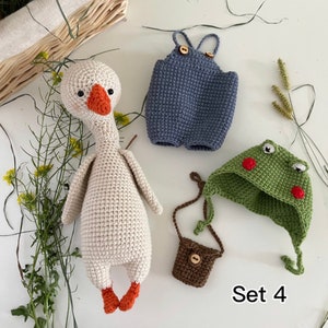 Cute Goose plush, Crochet Goose in a frog chick cap hat, Goose in overalls, Farmhouse decor, First birthday boy gift, Set 4