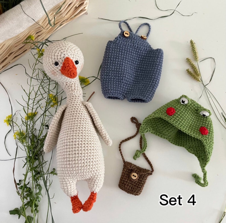 Cute Goose plush, Crochet Goose in a frog chick cap hat, Goose in overalls, Farmhouse decor, First birthday boy gift, Set 4