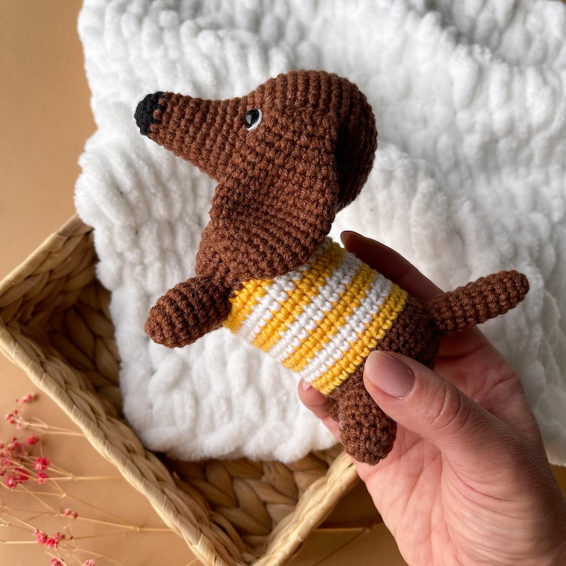 Dachshund plush crochet, Cute little dog, Brown, red dachshund, Home crochet animal, Dog lover toy, Puppy plusnie, Dog baby shower decor Yellow/white