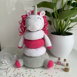 Unicorn stacking toy for kids , Crochet baby pyramid, Baby education ring stacker toy, Unicorn plush toy, First Second birthday gift image 6