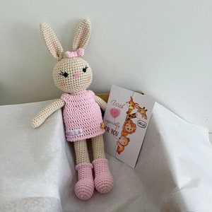 Juguete de peluche conejito de ganchillo, muñeco de peluche conejito, conejo con vestido naranja rosa, regalo de niña personalizado, regalo de embarazo, juguete de conejito de Pascua imagen 10