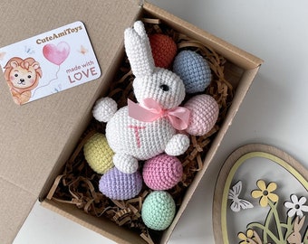 Easter Bunny with eggs, Cute crochet Easter decor, Baby first Easter, Gift for mother, drandma