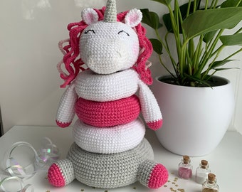 Unicorn stacking toy for kids , Crochet baby pyramid, Baby education ring stacker toy, Unicorn plush toy, First Second birthday gift