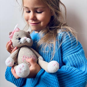 Cute crochet cat plushie doll with bow, 10 inches / 25 cm tall stuffed animal in different colors