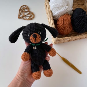 Crochet stuffed dog, Baby dog toy, Handmade home animal, Knitting dog, First Birthday Gift Black / tan