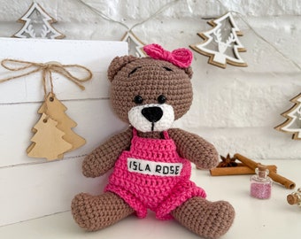 Crochet Taddy Bear, Personalize handmade teddy bear toy, Custom plush bear in overalls, Christmas gift for girl, Teddy bear baby shower