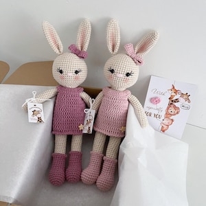 Osterhase Plüschtier, Häkelarbeithase Stofftier, Kaninchen im rosa Kleid, Osternest gefülltes Häschen, Baby Mädchen Geschenk personalisiert