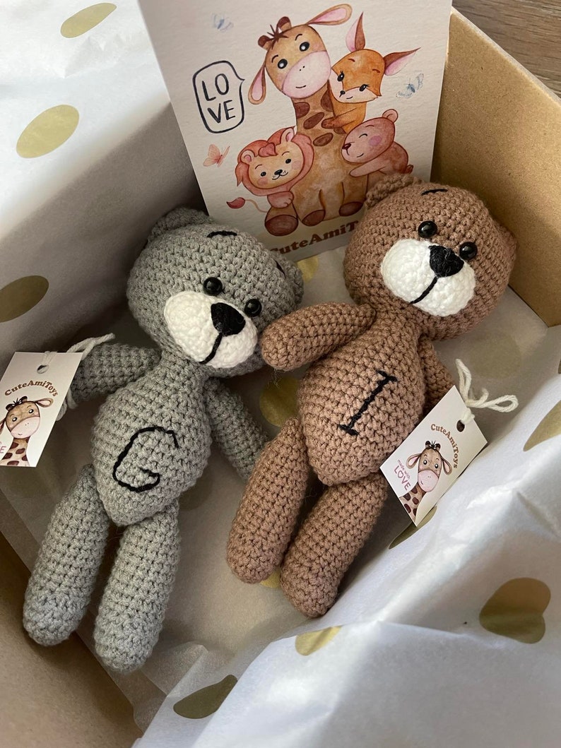 Personalized crochet Teddy Bear, Brown gray bear miniature, Stuffed crochet animals, Teddy Bear baby shower, Newborn props gift image 8