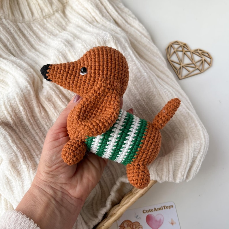 Dachshund plush crochet, Cute little dog, Brown, red dachshund, Home crochet animal, Dog lover toy, Puppy plusnie, Dog baby shower decor Green/white
