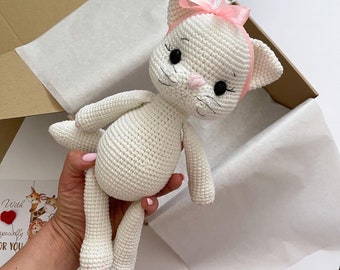 Amazing white cat for girl, Crochet plush kitty, Cute soft cat, 1st birthday girl gift,