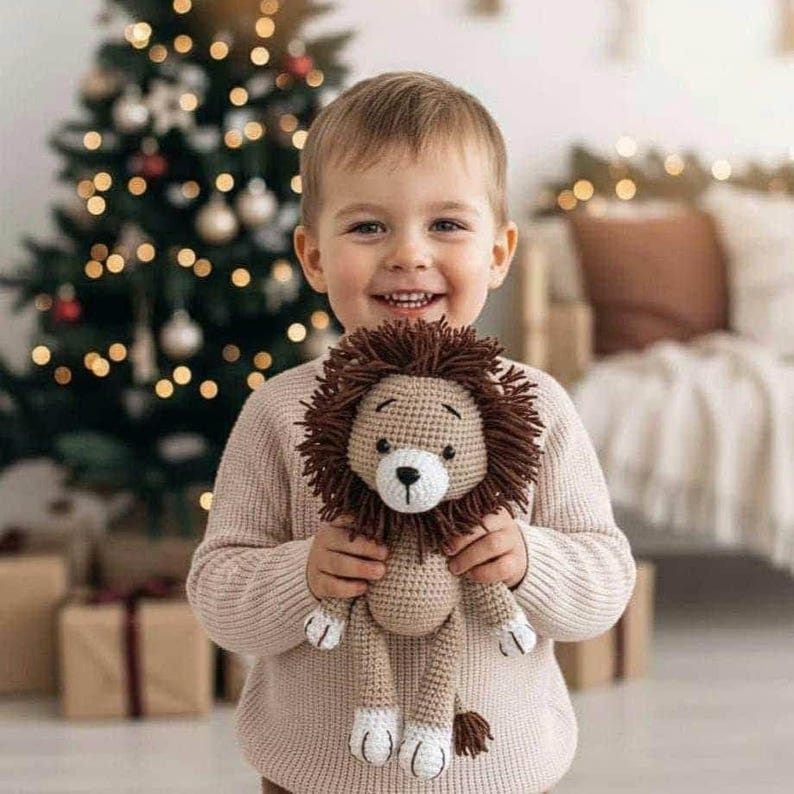 Crochet boho Lion latte mustard plush toy or safari nursery decor 25 cm / 10 inches Birthday gender neutral personalized gift image 1