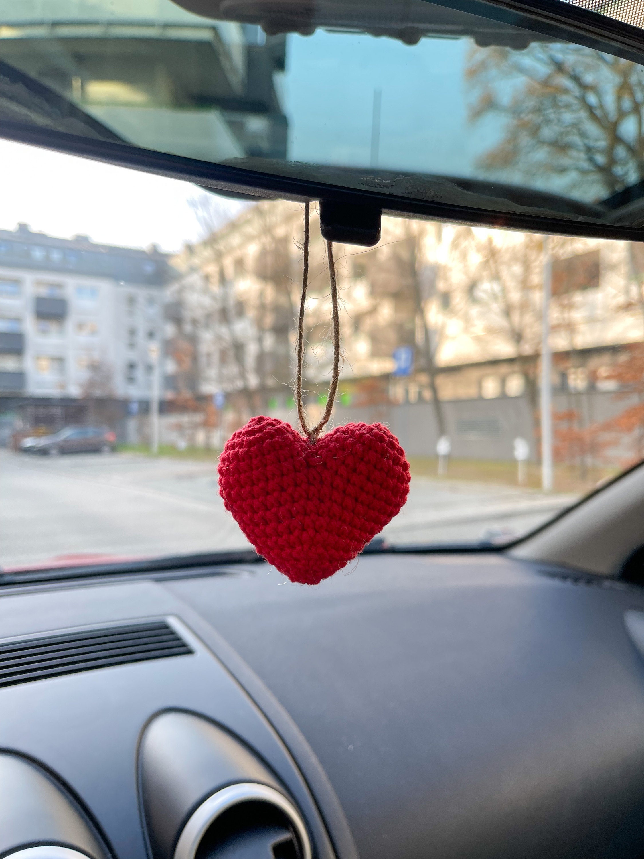Heart Car Rear View Mirror Accessory, Crochet Red Heart Car