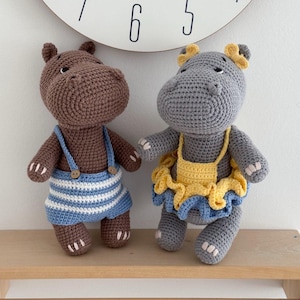 Crochet hippo plush doll, Handmade finished hippopotamus, Safari crochet animals, Hippo plushie in sundress and overalls, 1st birthday gift