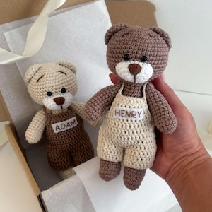 Personalized Boho Crochet Teddy Bears with Custom Name – Big Little Brother Sister Gift, New Baby Gift, Handmade Baby Shower