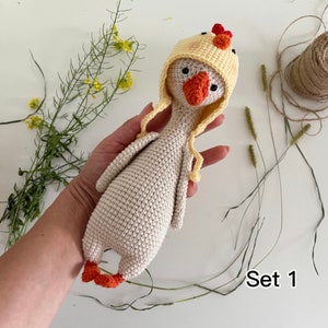 Cute Goose plush, Crochet Goose in a frog chick cap hat, Goose in overalls, Farmhouse decor, First birthday boy gift, Set 1