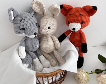 Raposa, lobo e coelho de crochê, bichinhos de pelúcia amigurumi de animais da floresta, 25 cm / 10 polegadas - Presente unissex para crianças