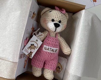 Cute crochet teddy bear, Personalize handmade bear toy, Gender party decor, Gift for new mom, newborn teddy bear miniature