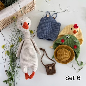 Cute Goose plush, Crochet Goose in a frog chick cap hat, Goose in overalls, Farmhouse decor, First birthday boy gift, Set 6