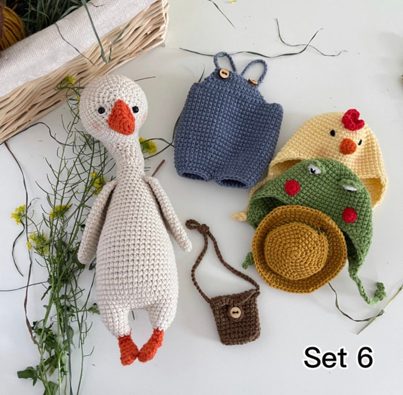 Cute Goose plush, Crochet Goose in a frog chick cap hat, Goose in overalls, Farmhouse decor, First birthday boy gift, Set 6