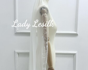 Beaded Bridal Veil,Ivory Wedding Veil,Handmade Veil,Cathedral Veil,Soft Tulle Veil,One Tier Veil,Premium Veil,Classic Wedding Veil,