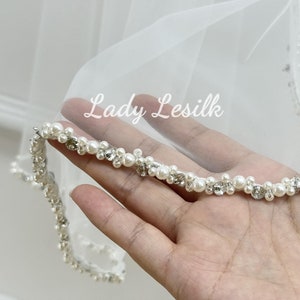 Rhinestones Beaded Veil,Ivory Wedding Veil,Pearl Bridal Veil,Delicate Edge Veil,Handmade Cathedral Veil,Single Tier Veil,Modern Wedding Veil