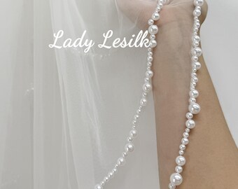 Tweelaagse kralenparelsluier, witte bruidssluier, parelbruidssluier, sluier met delicate rand, Blusher Cathedral-sluier, handgemaakte sluier, sluier met kam,