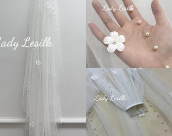 White Pearl Veil,Wedding Veil,Modern Wedding Veil,Floral Veil,One Tier Veil,Cathedral Veil,Fingertip Veil,Veil With Comb,Elbow Length Veil,