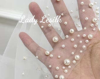 Pearl Bridal Veil,Pearl Beaded Wedding Veil,Cathedral Veil,White Pearl Veil,One Tier Veil,Delicate Edge Veil,Long Veil,Glam Wedding Veil,