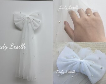 Bow Bridal Veil,Pearl Wedding Veil,Wedding Accessories,Veil With Comb,High-Quality Handmade Veil,Unique Veil,Single Tier Veil,Short Veil,