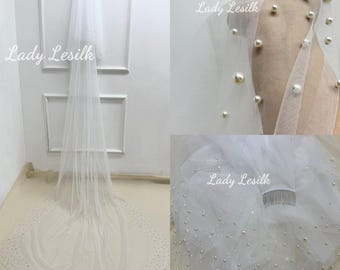 Parelbruidssluier, bruidssluier blusher, kathedraalsluier blusher, bruidssluier parel, sluier met kam, handgemaakte sluier, lange sluier, witte parelsluier,