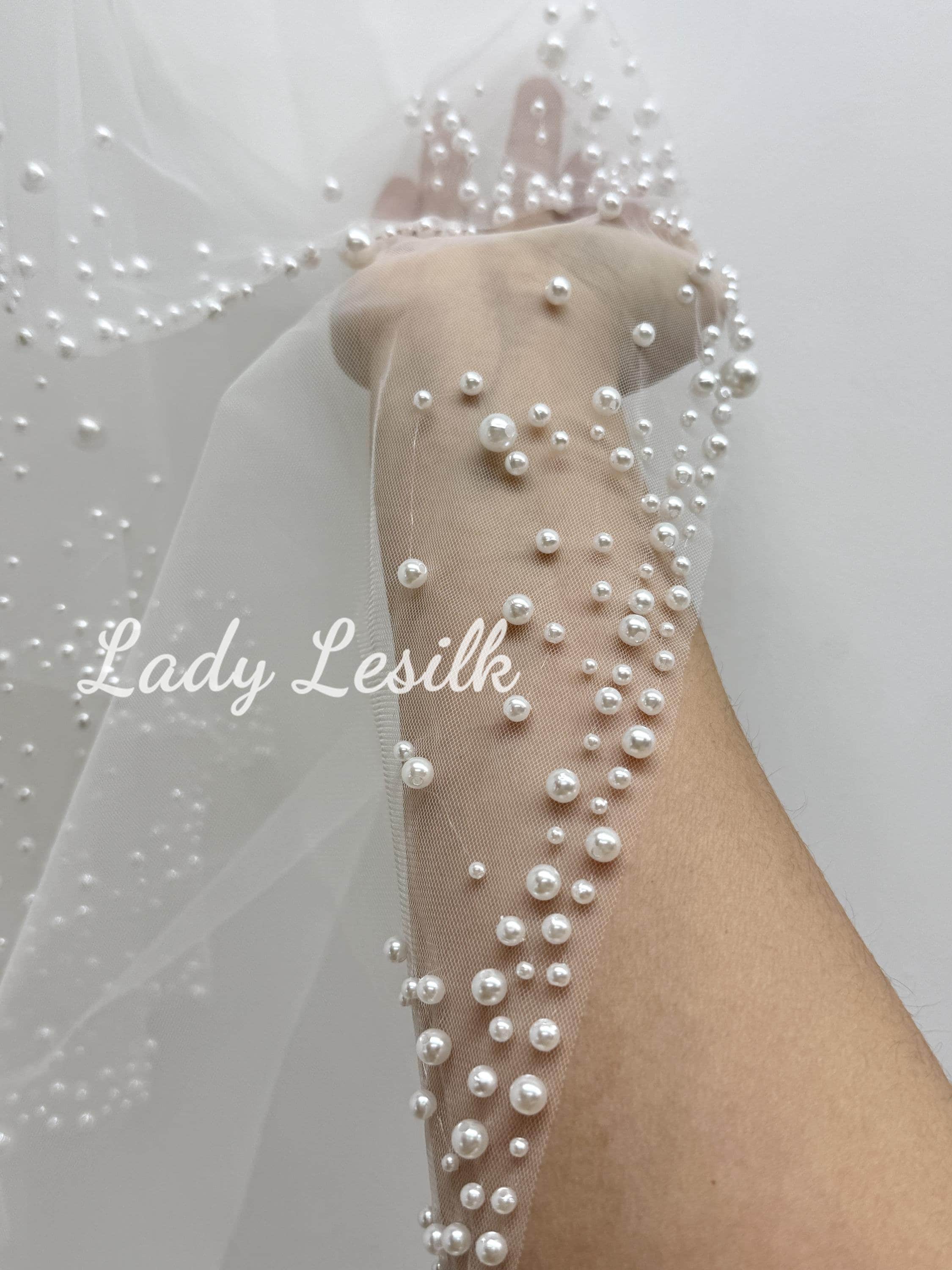 Two-Layer Tulle Bridal Veil with Pearl and Bead Embellished Appliqués and Comb Sc192a3c081cf451e936670479e037  main image 2