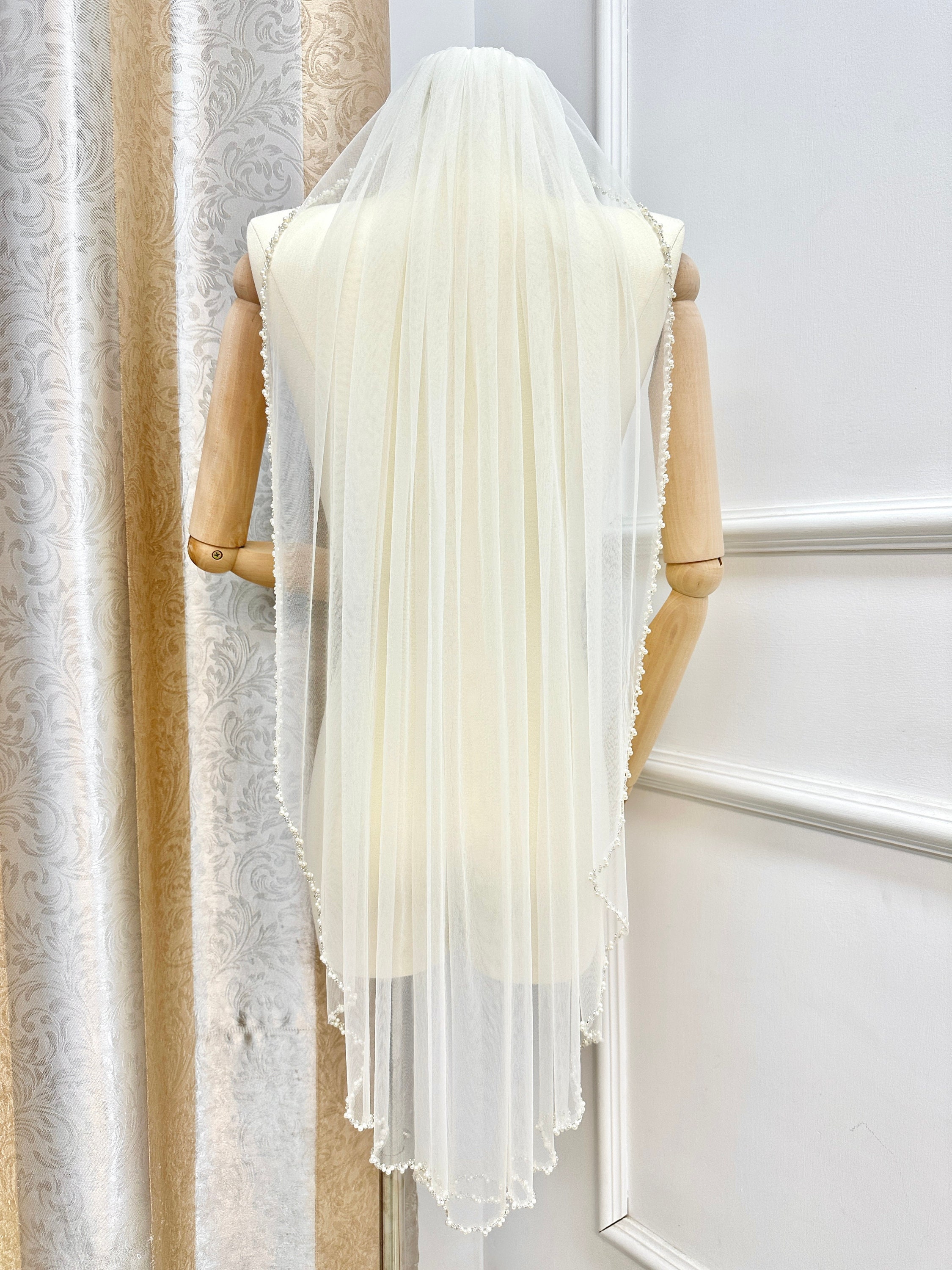 Hand Beaded Veilpearl Wedding Veil1tier Bridal Veilblack Etsy