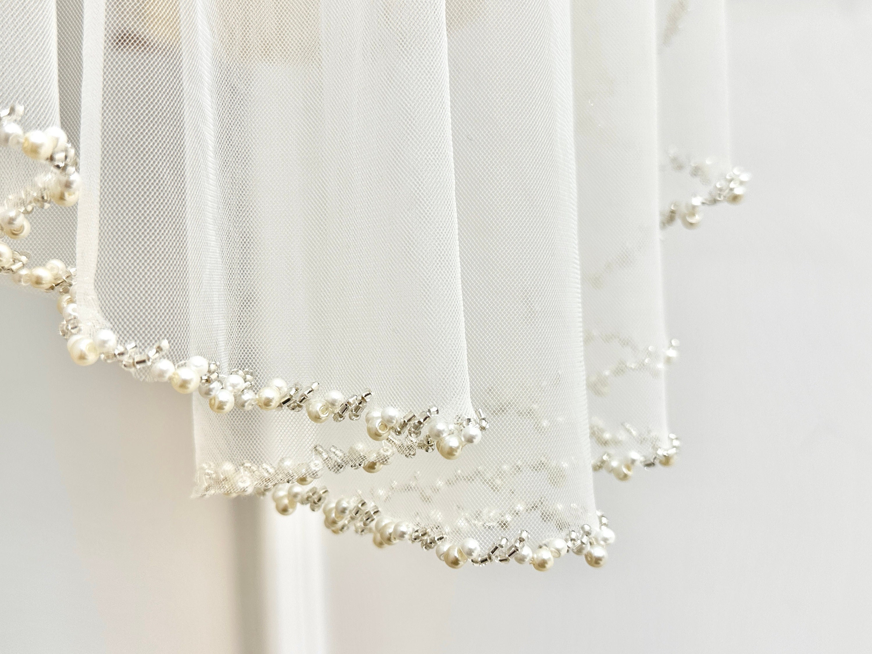 Hand Beaded Veilpearl Wedding Veil1tier Bridal Veilblack Etsy