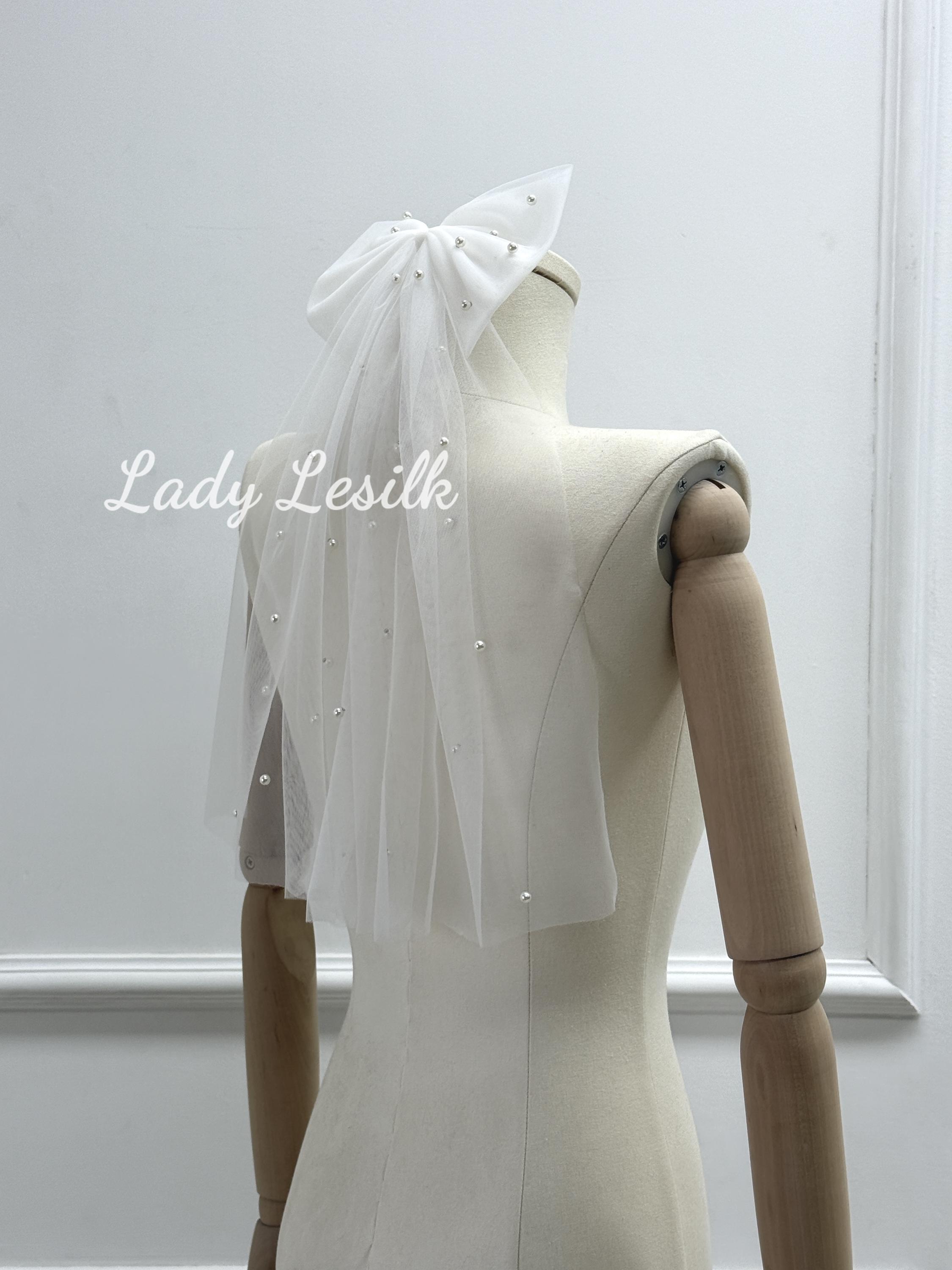Bow Pearl Bridal Veil,white Wedding Veil,short Veil,ivory  display picture 2
