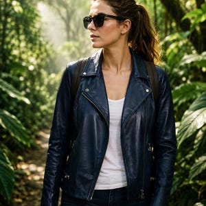 May include: A dark blue leather motorcycle jacket with silver-toned metal zippers and snap buttons, worn over a plain white t-shirt and dark blue denim jeans, paired with black-framed sunglasses and a brown backpack with dark shoulder straps.