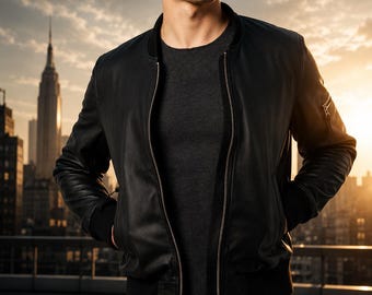 Men's Black Lambskin Leather Bomber Jacket, Minimalist Biker Style, Handmade Travel Coat