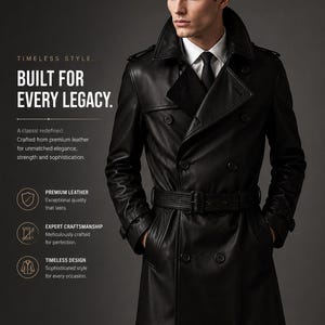 Puede incluir: Un abrigo largo de cuero negro con diseño de doble botonadura, cinturón en la cintura y cuello clásico. La imagen incluye el texto "TIMELESS STYLE. BUILT FOR EVERY LEGACY."