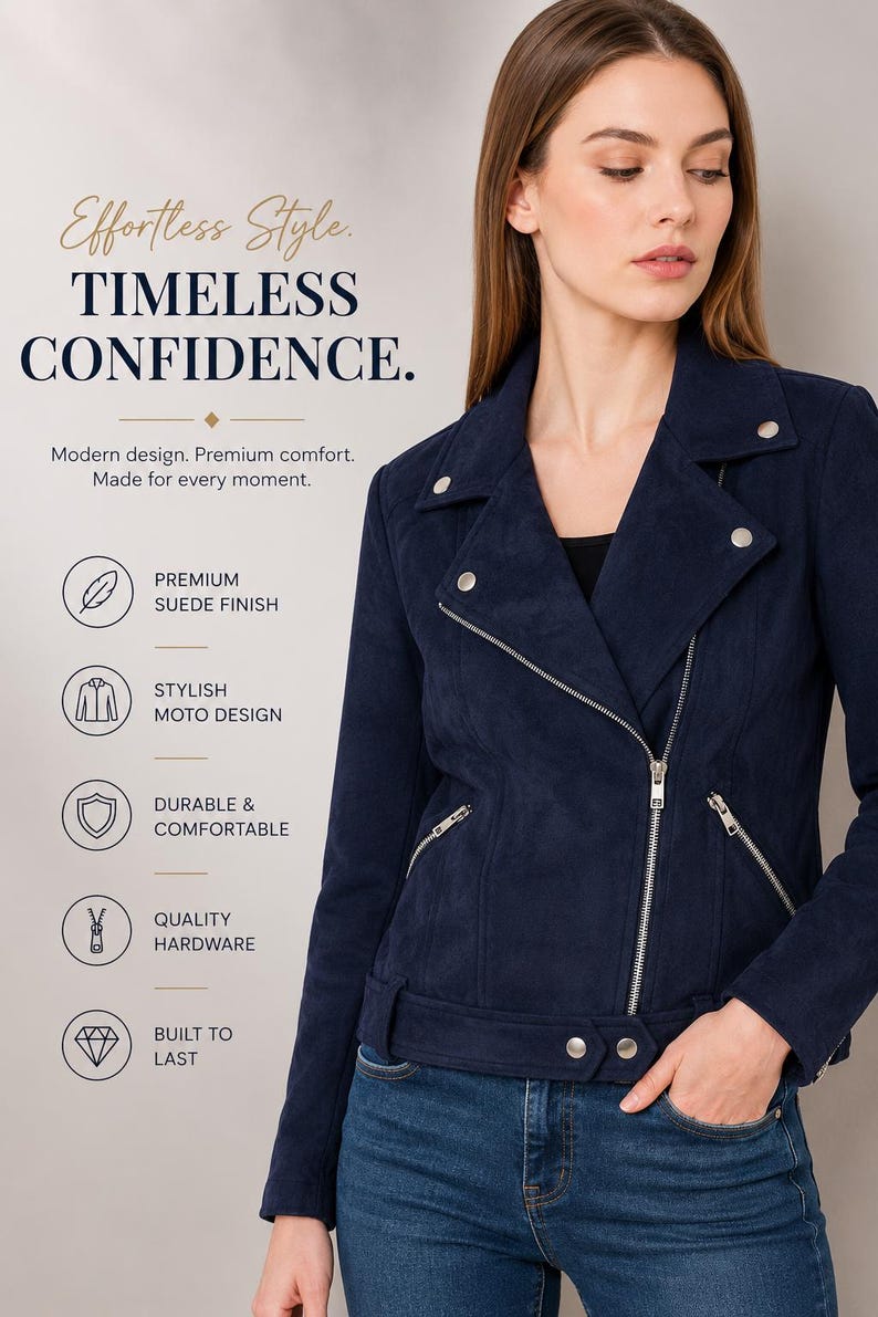Women Navy Suede Leather Moto Jacket, Blue Biker Jacket Women, Suede ...
