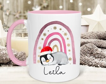 Personalised Christmas Penguin Mug, Kids Christmas Rainbow Mug, Hot chocolate Mug, Christmas Gifts, Home Decor, Cute Penguin with Santa hat